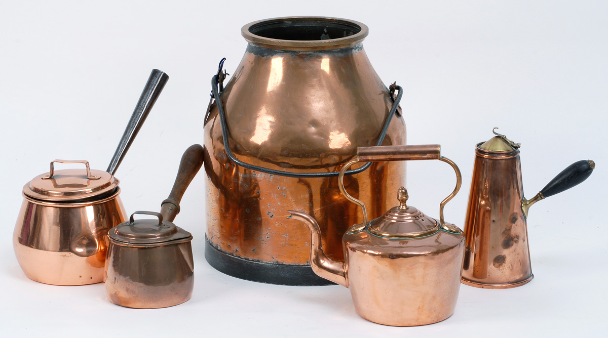 Appraisal: FIVE PIECES OF ANTIQUE COPPER a milk jug a hot