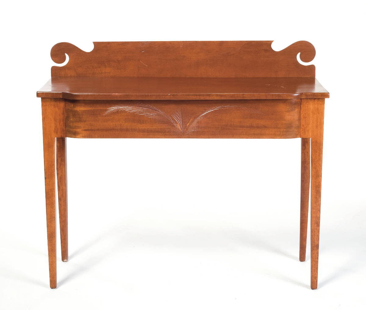 Appraisal: AMERICAN CHERRY DRESSING TABLE WITH SHAPED BACKSPLASH AND LEAF-CARVED FRONT