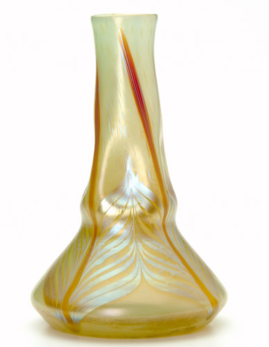 Appraisal: LOETZ Iridescent vase of pinched form with pulled-feather decorations Polished