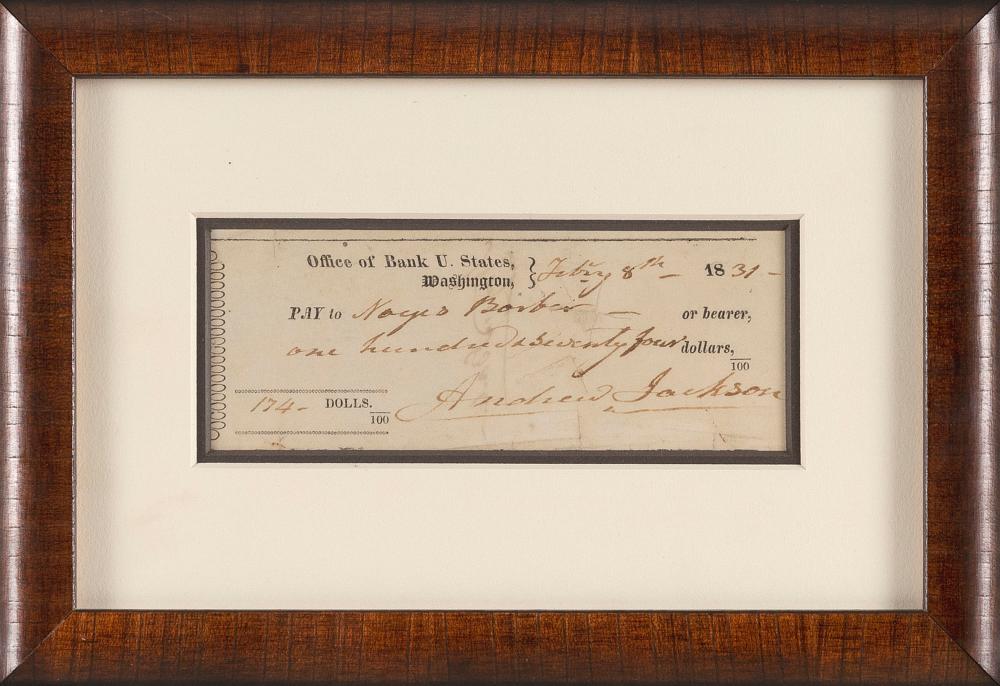 Appraisal: ANDREW JACKSON SIGNED CHECK Dated February Office of Bank U