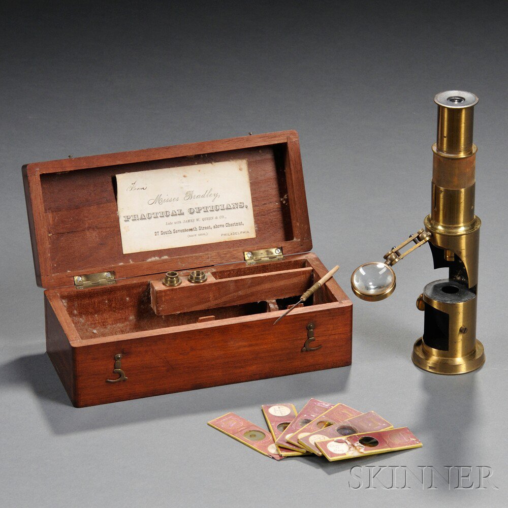 Appraisal: Martin Drum-type Boxed Microscope late th century with single-draw monocular