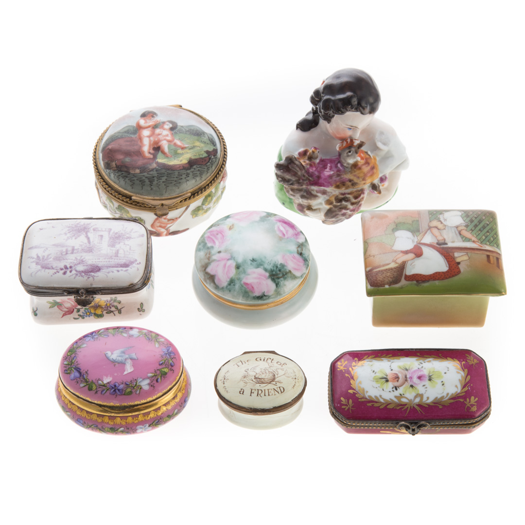 Appraisal: Eight continental porcelain and enamel boxes th and th centuries