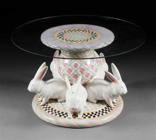 Appraisal: MacKenzie-Childs painted ceramic glass-top coffee table base with painted stylized