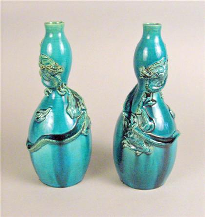 Appraisal: Pair of Chinese turquoise glazed double gourd earthenware vases early