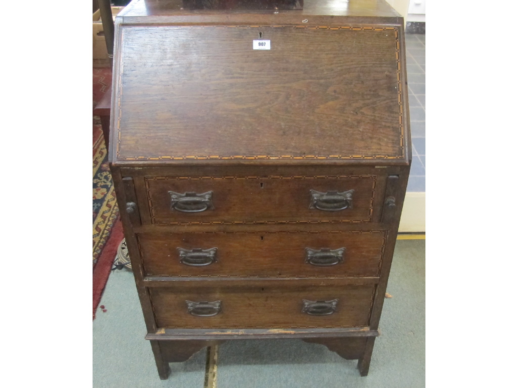 Appraisal: Edwardian oak inlaid writing bureau