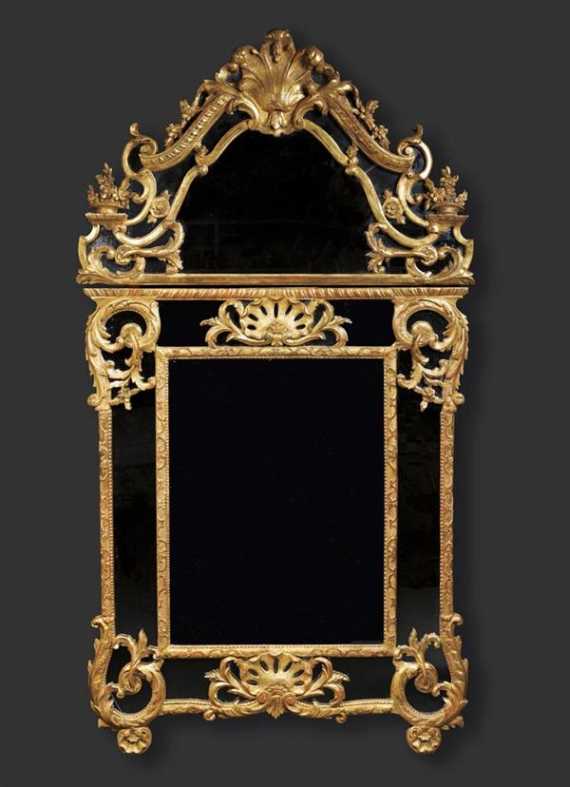 Appraisal: IMPORTANT PIERCED AND CARVED GILTWOOD MIRROR AUX CARTOUCHES R gence