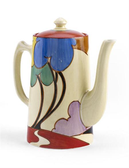 Appraisal: CLARICE CLIFF COFFEE POT AND COVER S glazed earthenware decorated