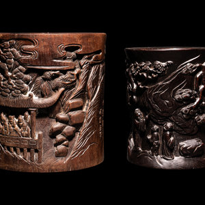 Appraisal: Two Chinese Carved Hardwood Brushpots Bitong th Century the first