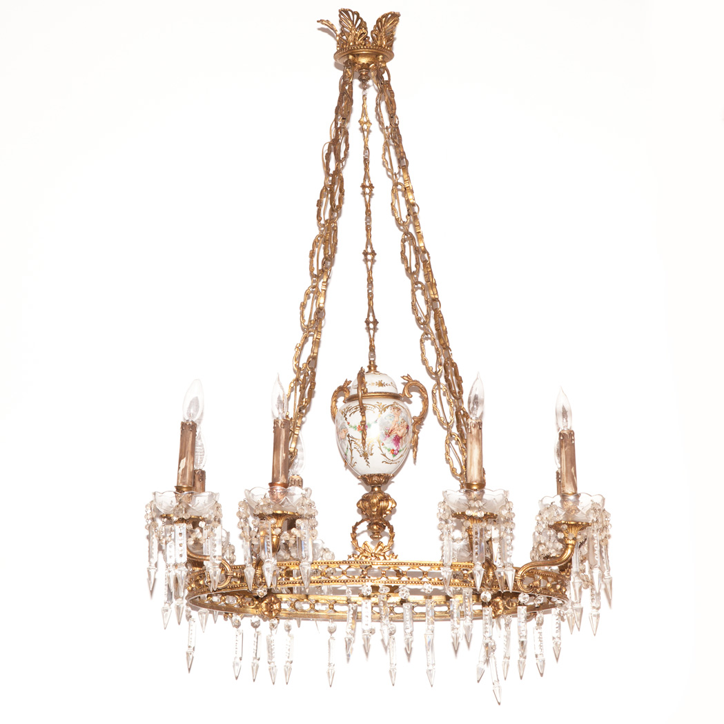 Appraisal: Empire Style Gilt-Metal and Porcelain Eight-Light Chandelier Mid th century