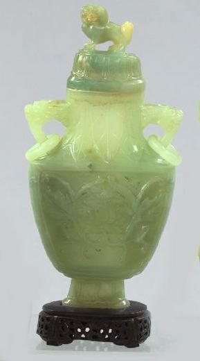 Appraisal: Kuang Hsu Carved Pale Celadon Jade Ring-Handled Covered Vase first