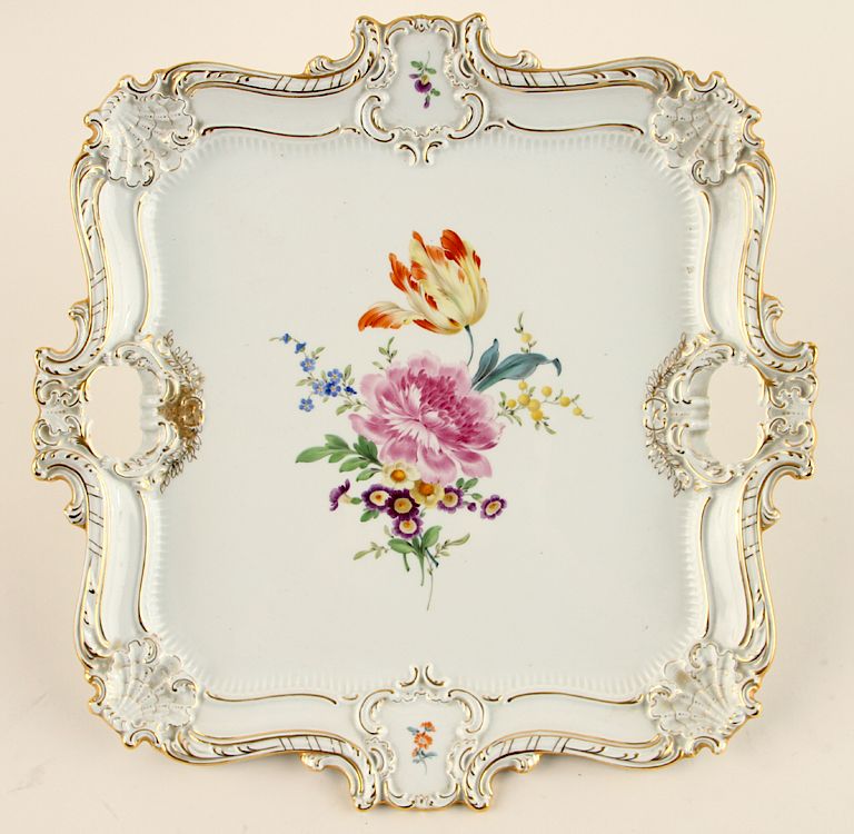 Appraisal: MEISSEN PORCELAIN HANDLED TRAY HAND PAINTED MOTIF A Meissen porcelain