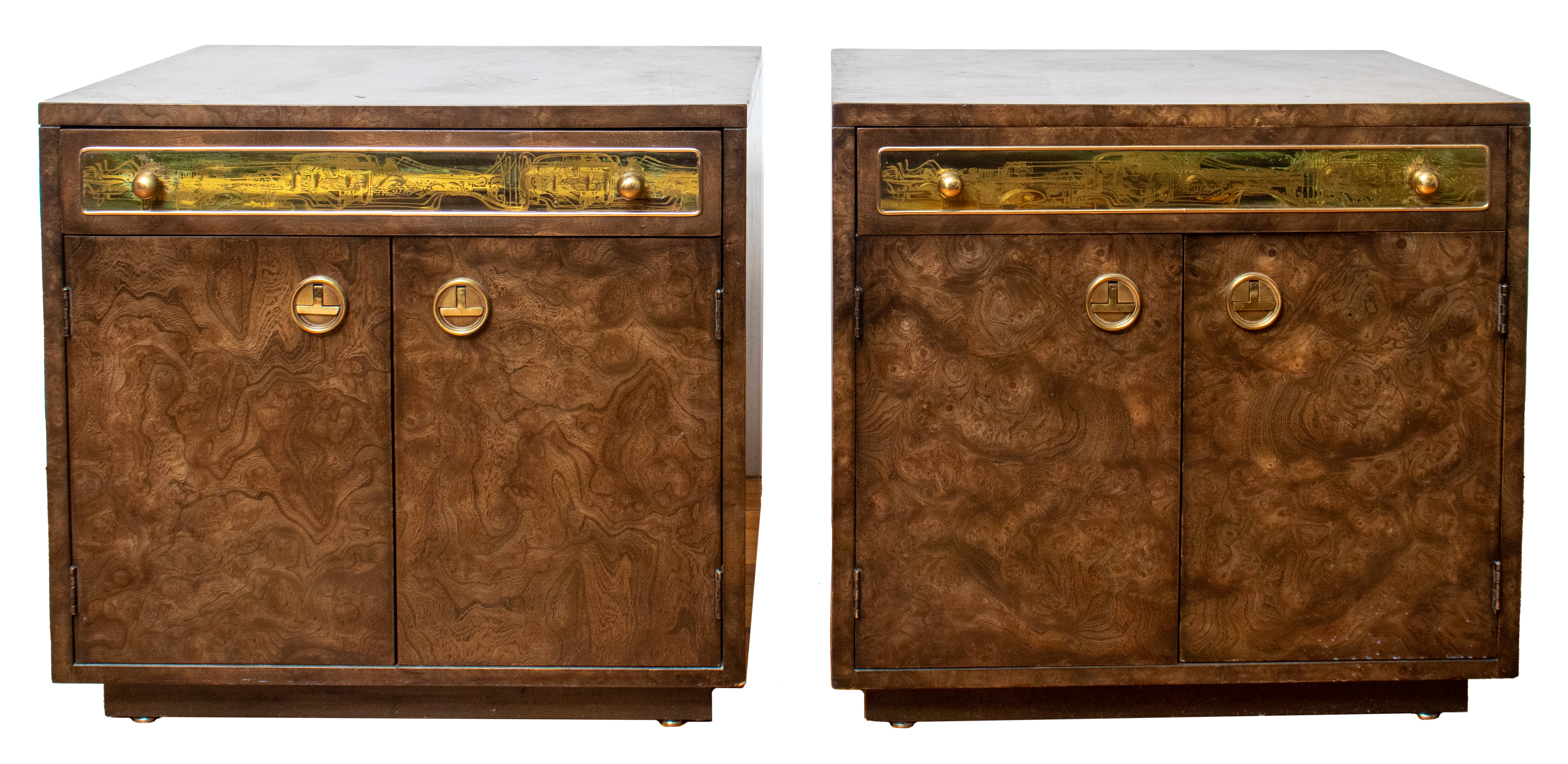 Appraisal: MASTERCRAFT BURL ACID ETCHED BRASS NIGHTSTANDS Bernhard Rohne for Mastercraft