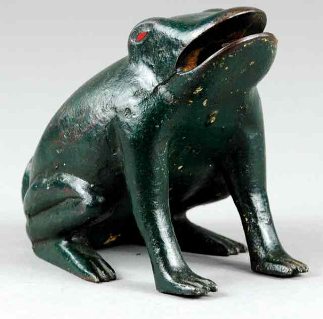 Appraisal: CAST IRON FROG SPRINKLER Figural water sprinkler seated frog painted