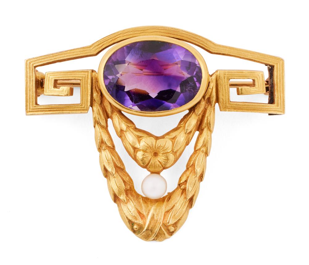 Appraisal: ART NOUVEAU KT YELLOW GOLD AMETHYST AND PEARL BROOCH APPROX