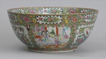 Appraisal: CHINESE EXPORT ROSE MEDALLION PUNCH BOWL Interior with figure panels