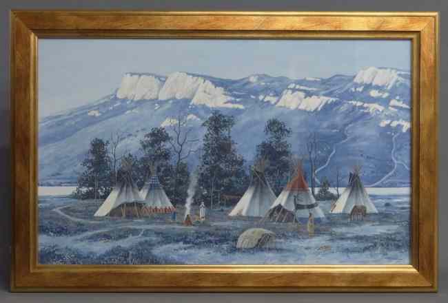 Appraisal: Painting gouache Indian encampment signed and dated ''Paul Surber ''