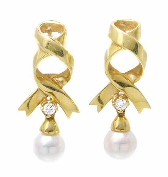 Appraisal: A Pair of Karat Yellow Gold Cultured Pearl and Diamond