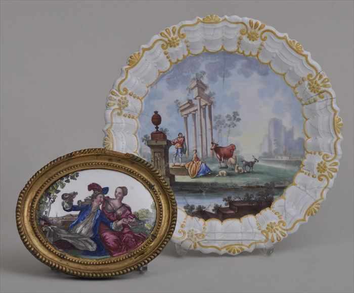 Appraisal: GEORGE III ENAMEL PLATE AND AN OVAL PLAQUE The plate