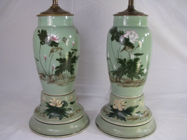 Appraisal: Pair of vintage 's green ceramic hand painted lamps mounted