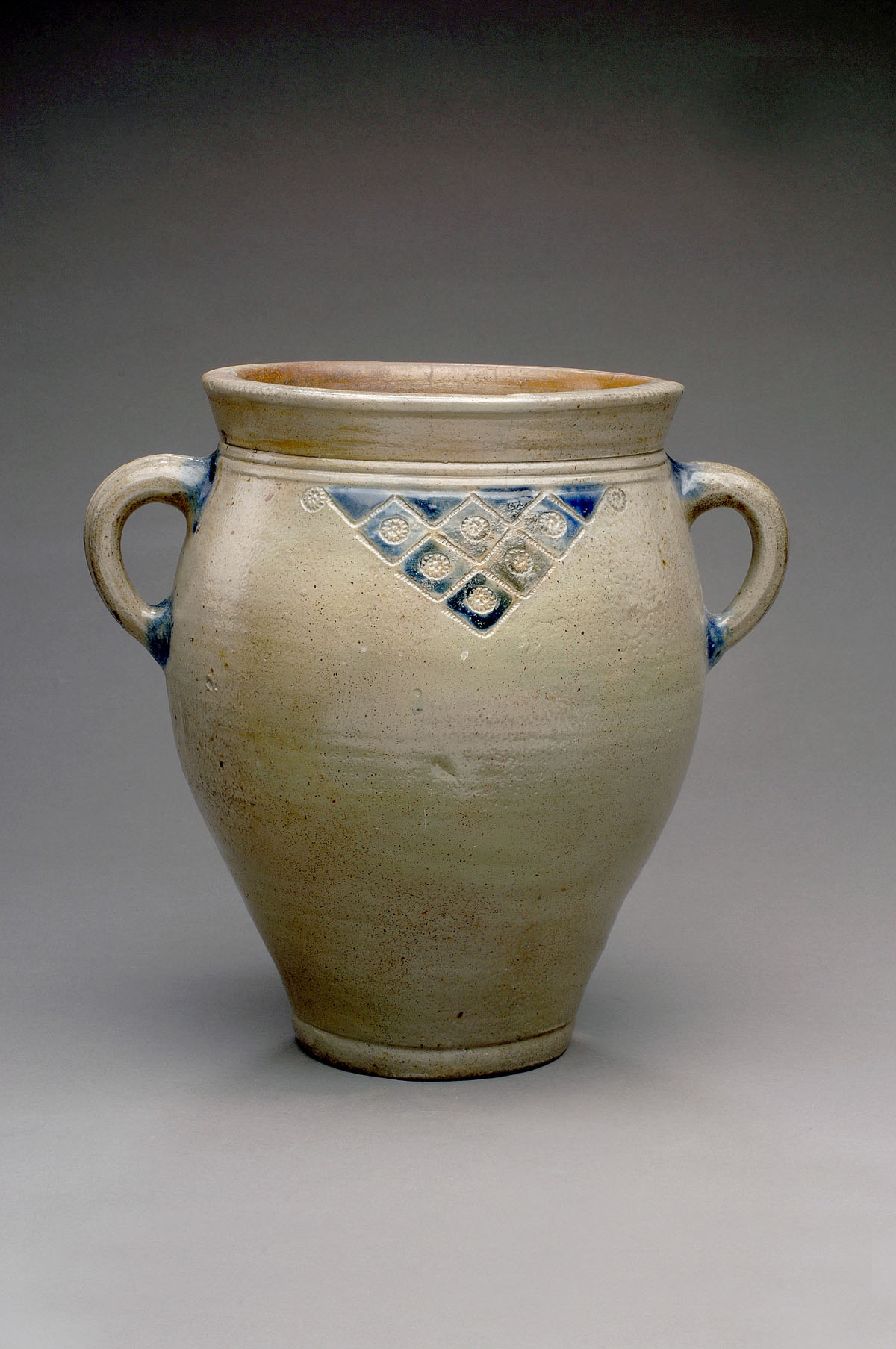 Appraisal: SOUTHERN SALTGLAZE STONEWARE COBALT BLUE-DECORATED JAR Of bulbous tapered form