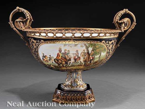 Appraisal: A S vres-Style Bronze-Mounted Porcelain Center Bowl reticulated rim scroll