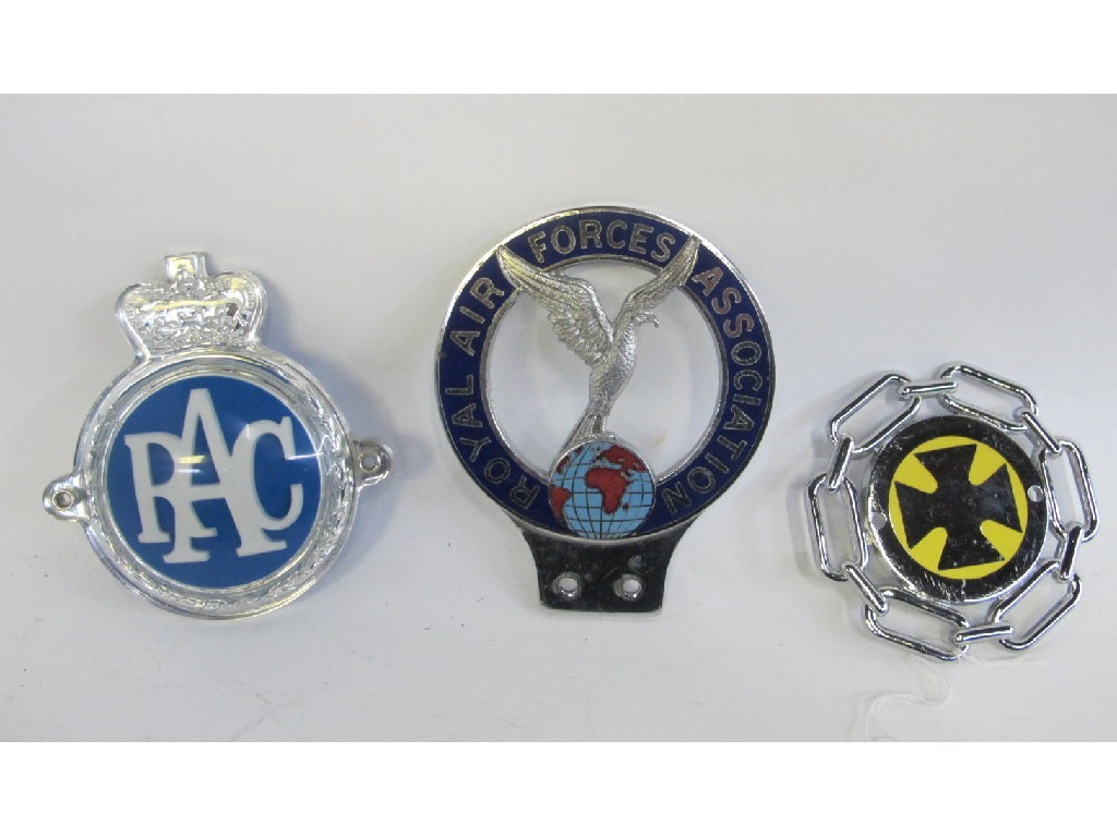 Appraisal: Lot comprising three car badges including R A F Association