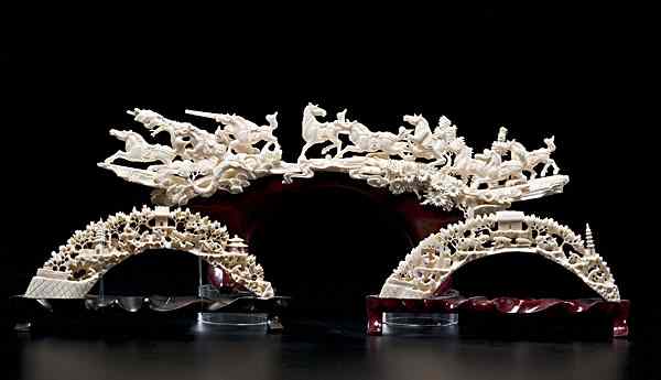 Appraisal: Chinese Cast Tusks Chinese includes three plastic tusks with village