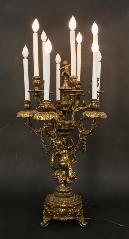 Appraisal: Rococo style painted metal light candelabra lamp Central putti in