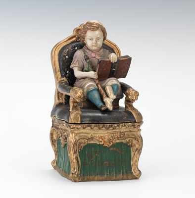 Appraisal: Johan Maresch Figural Tobacco Jar Youth in Chair Well modeled