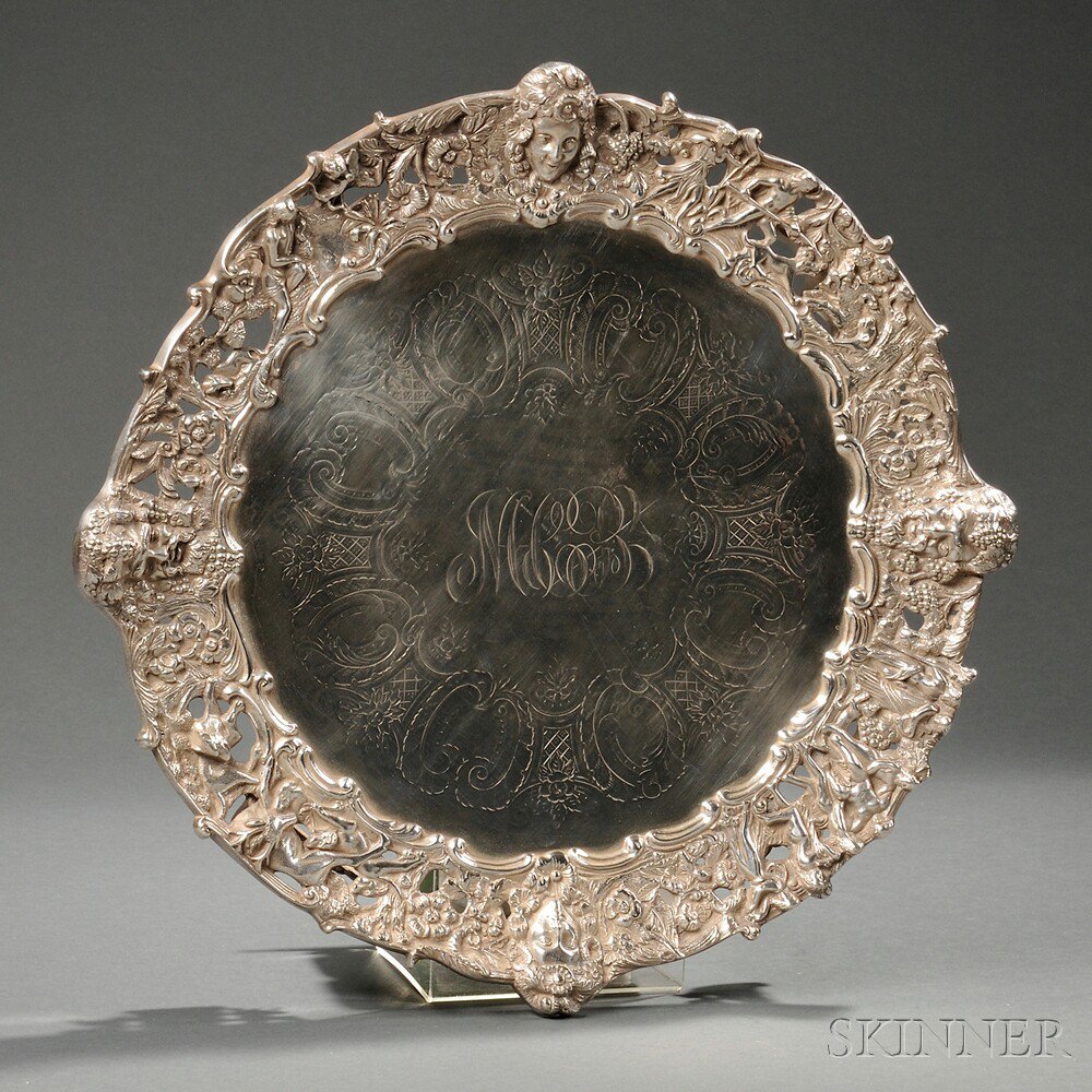 Appraisal: Silver-plate Tray circular with central monogram surrounded by engraved rocaille