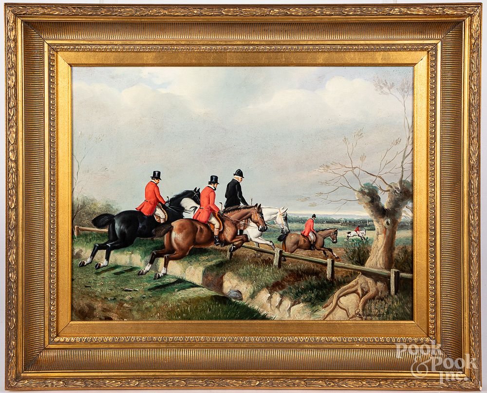 Appraisal: Contemporary oil on canvas English fox hunt sign Contemporary oil