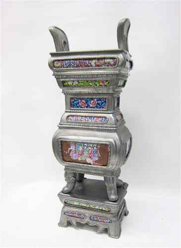 Appraisal: CHINESE PEWTER URN ON MATCHING STAND Front and side panels