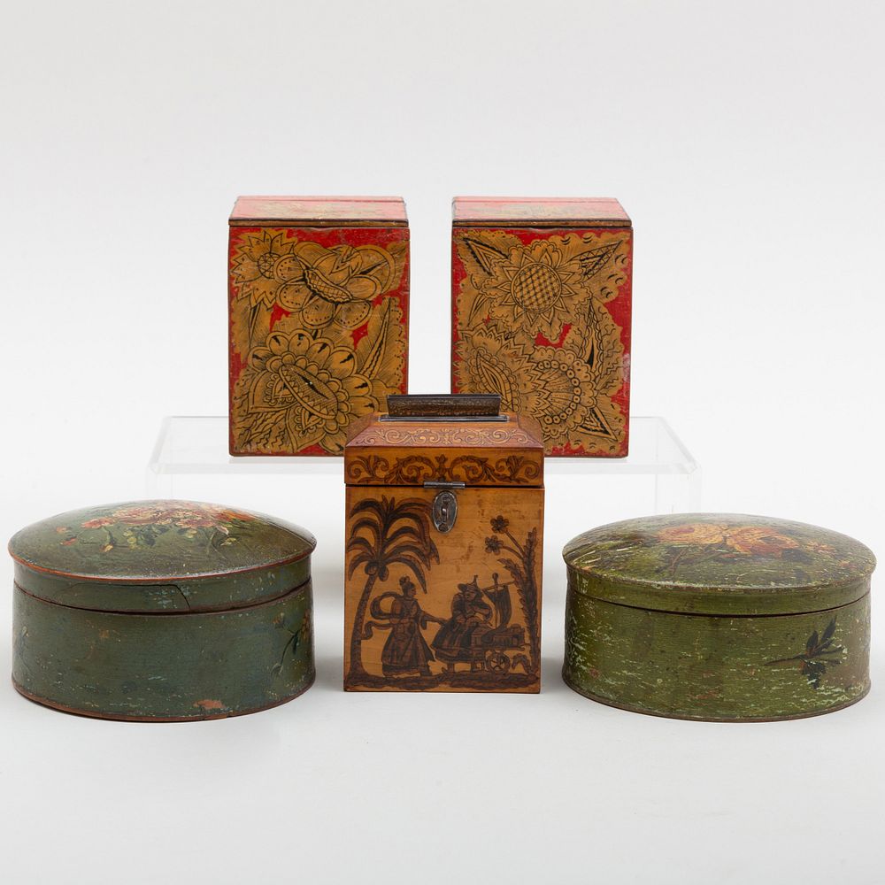 Appraisal: Pair English Painted Circular Boxes Tea Caddies and a Small