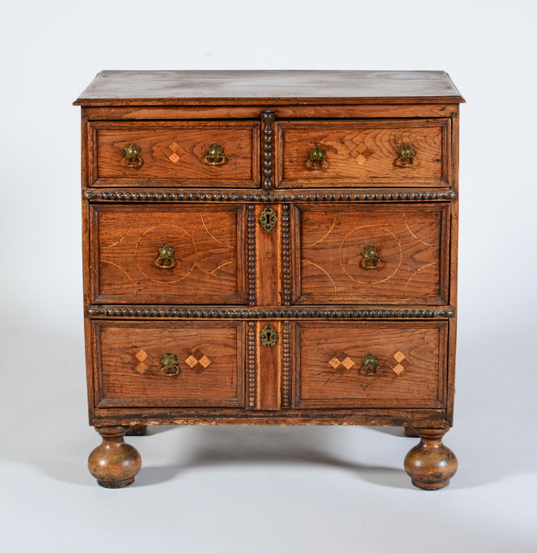 Appraisal: WILLIAM AND MARY INLAID OAK CHEST OF DRAWERS Raised on