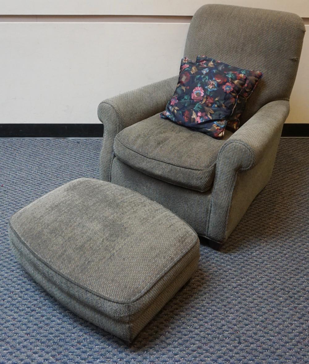 Appraisal: CRATE BARREL UPHOLSTERED ARMCHAIR AND FOOTSTOOLCrate Barrel Upholstered Armchair and