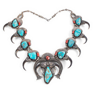 Appraisal: Carlos White Eagle Apache - Large Statement Morenci Turquoise Coral