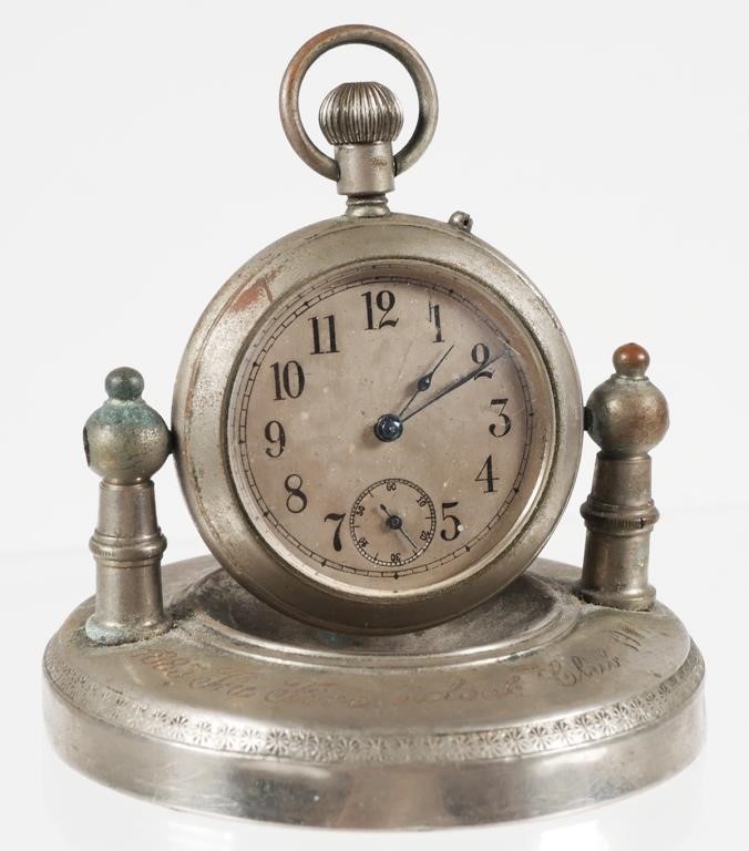 Appraisal: Pocket watch style clock on swivel mounts Base is engraved