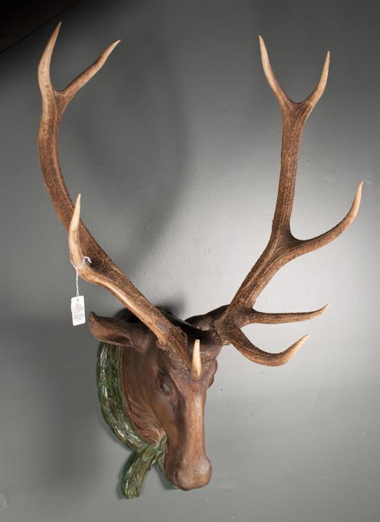 Appraisal: Carved and polychromed wood elk head with trophy antler horn