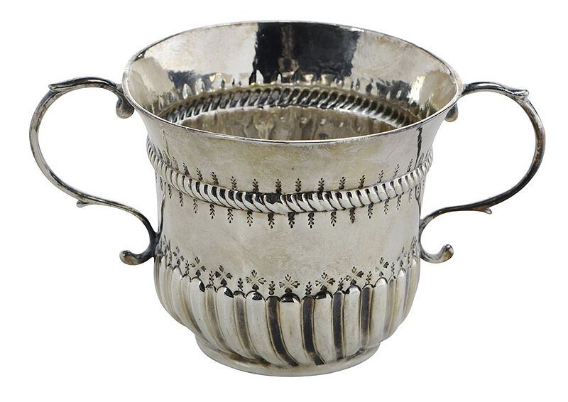 Appraisal: George II English Silver Porringer London gadroon base decoration robe