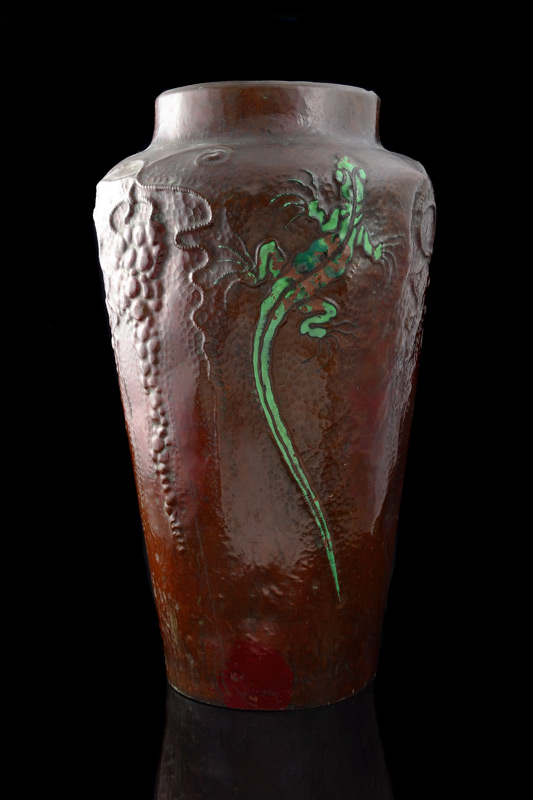 Appraisal: HAND HAMMERED ENAMEL ON COPPER LIZARD VASE Hand hammered body