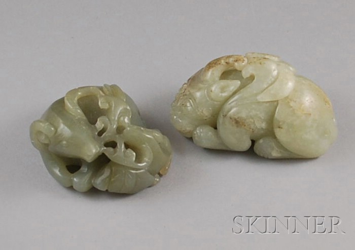 Appraisal: Two Asian Carved Green Jade Figurines depicting mythical beasts lg