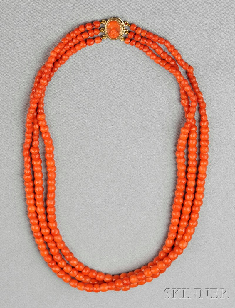 Appraisal: Antique Three-strand Coral Bead Necklace composed of faceted coral beads