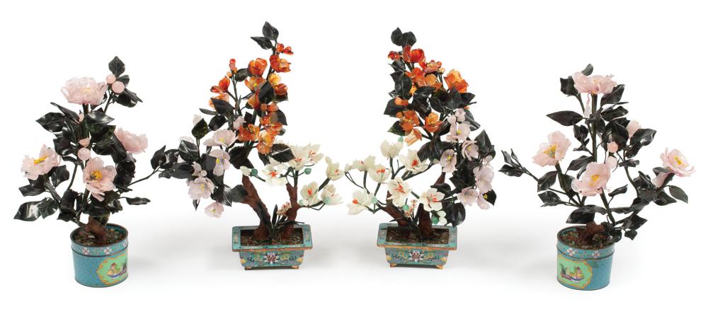 Appraisal: Two Pairs of Chinese Hardstone Trees Set in Cloisonne Enamel