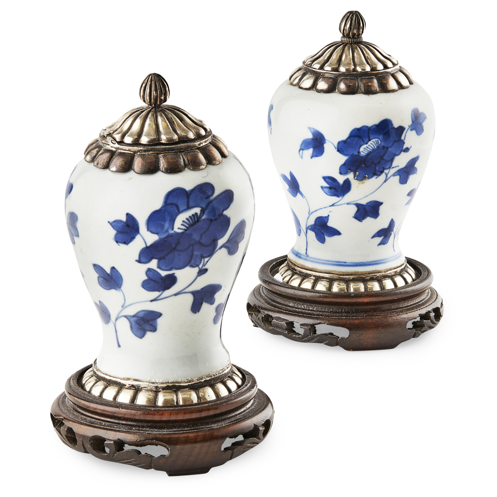 Appraisal: PAIR OF SMALL SILVER-MOUNTED BLUE AND WHITE VASES THE PORCELAIN