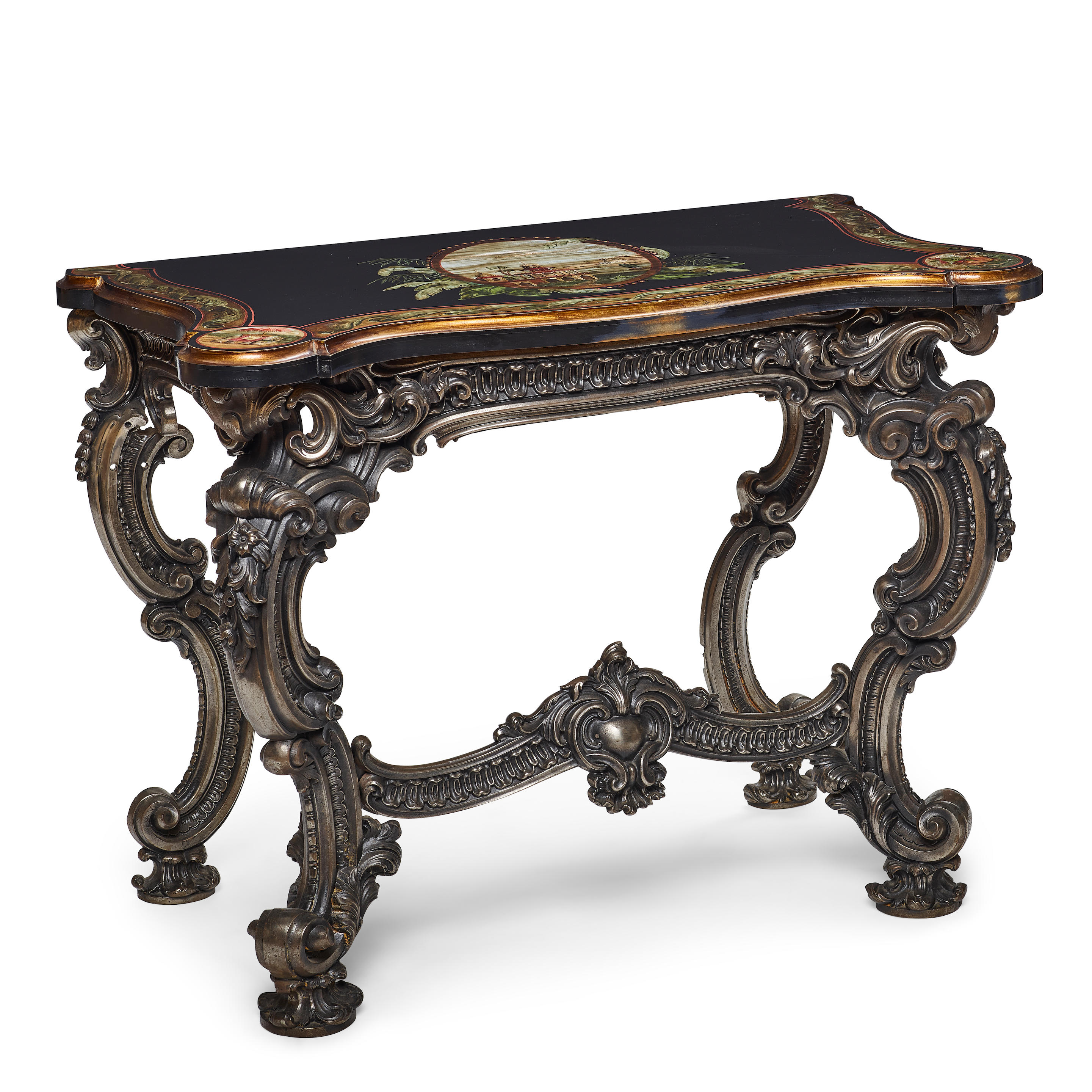 Appraisal: A LOUIS XV STYLE PAINTED WOOD TOP PATINATED STEEL CONSOLE