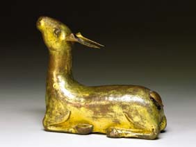 Appraisal: ANTIQUE TIBETAN GILT COPPER DEER Rare and quite charming antique