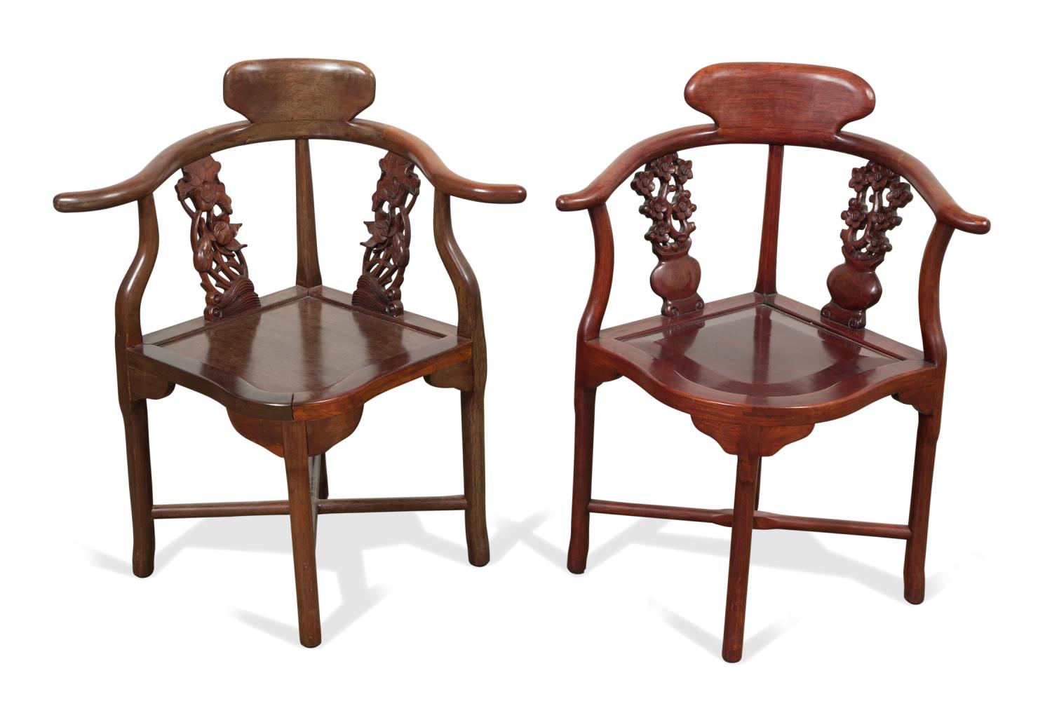 Appraisal: TWO CHINESE FLORAL CARVED CORNER CHAIRS Two Chinese floral carved