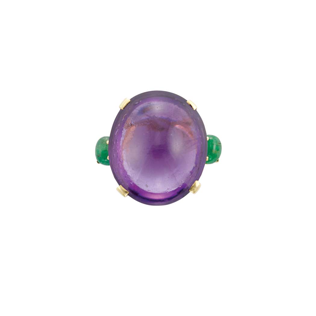 Appraisal: Gold Cabochon Amethyst and Emerald Ring One oval cabochon amethyst