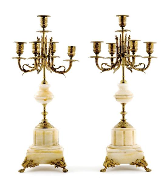 Appraisal: Pair French ormolu-mounted onyx candelabra circa center stem supporting four