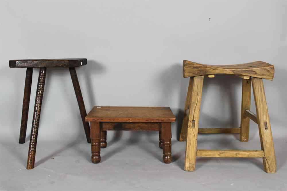 Appraisal: THREE AMERICAN PRIMATIVE PINE AND WALNUT STOOLS th and th